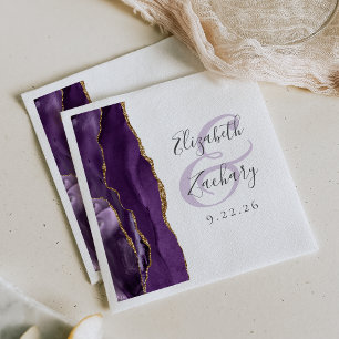 Agate Geode Script Purple Gold Wedding Napkin