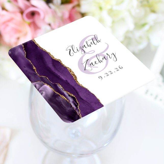Agate Geode Script Purple Gold Wedding Square Paper Coaster (Creator Uploaded)