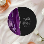 Agate Geode Script Purple Silver Dark Wedding Paper Plate<br><div class="desc">These elegant modern wedding plates feature a purple watercolor design trimmed with faux silver glitter. Easily customise the silver grey text on an off-black background,  with the names of the bride and groom in handwriting calligraphy over a large grey ampersand.</div>