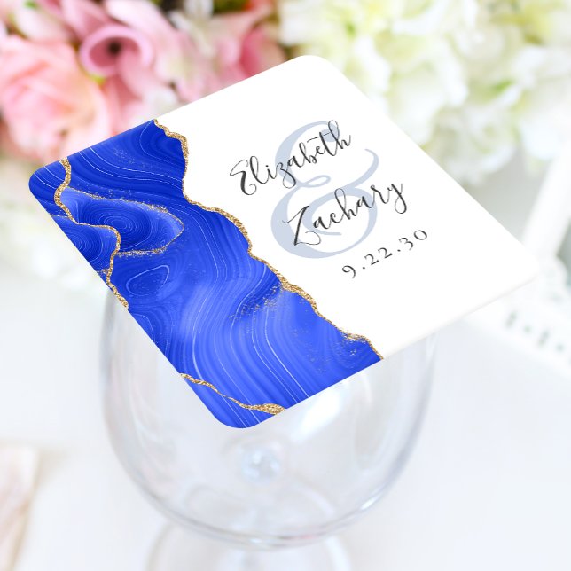 Agate Geode Script Royal Blue Gold Wedding Square Paper Coaster (Creator Uploaded)