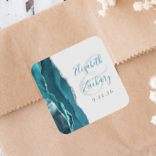 Agate Geode Script Teal Blue Silver Gray Wedding Square Sticker