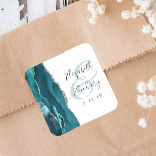Agate Geode Script Teal Blue Silver Wedding Square Sticker