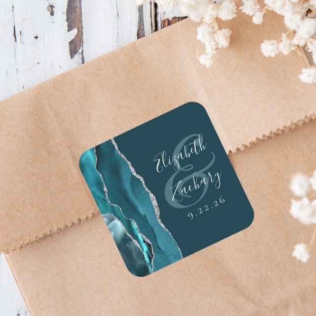 Agate Geode Script Teal Blue Silver Wedding Square Sticker (Creator Uploaded)