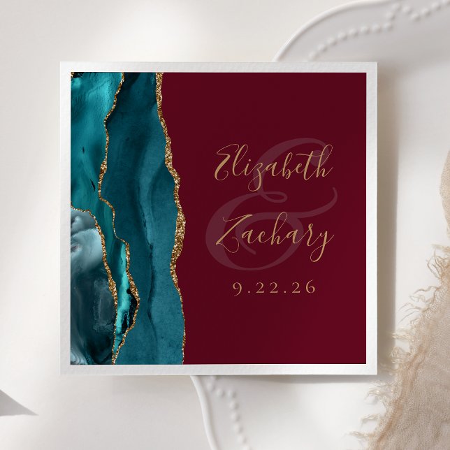 Agate Geode Script Teal Gold Burgundy Wedding Napkin (Creator Uploaded)