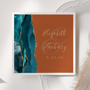 Agate Geode Script Teal Gold Burnt Orange Wedding Napkin