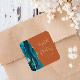 Agate Geode Script Teal Gold Burnt Orange Wedding Square Sticker