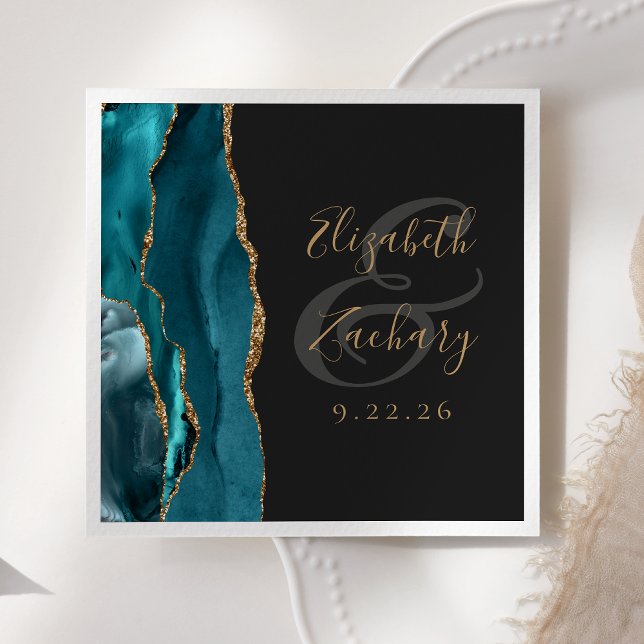 Agate Geode Script Teal Gold Dark Wedding Napkin (Creator Uploaded)