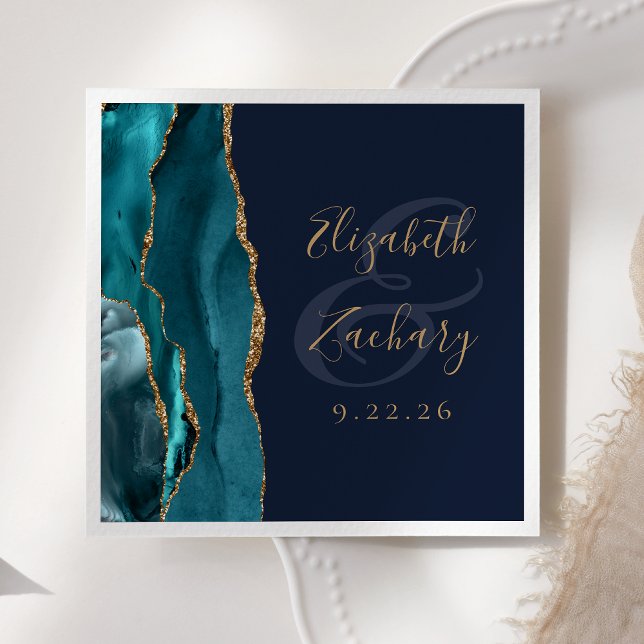 Agate Geode Script Teal Gold Navy Blue Wedding Napkin (Creator Uploaded)