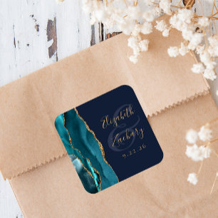 Agate Geode Script Teal Gold Navy Blue Wedding Square Sticker