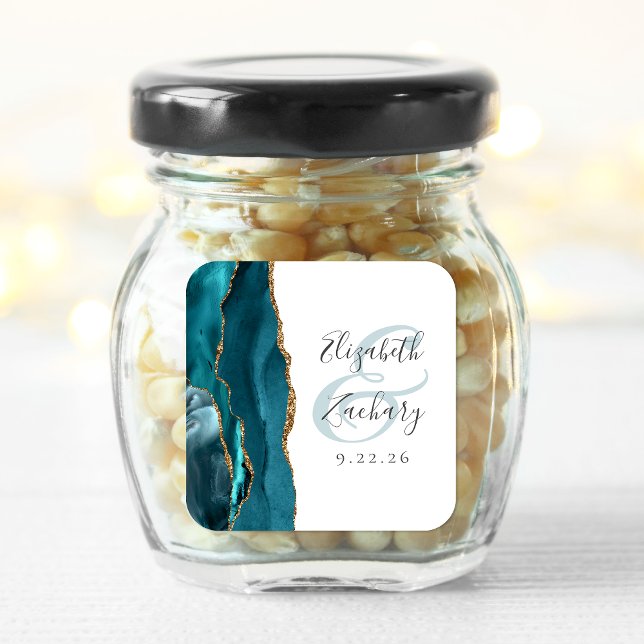 Agate Geode Script Teal Gold Wedding Square Sticker (Creator Uploaded)