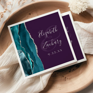 Agate Geode Script Teal Silver Purple Wedding Napkin