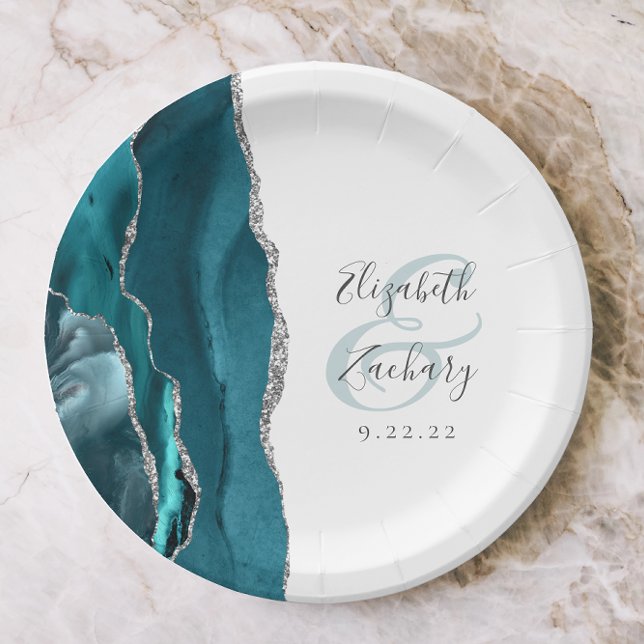 Agate Geode Script Teal Silver Wedding Paper Plate (Creator Uploaded)