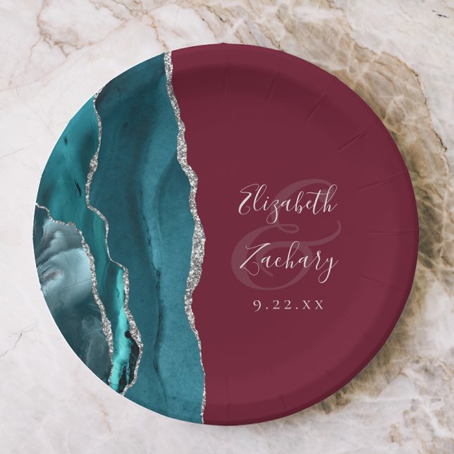 Agate Geode Silver Script Burgundy Wedding Paper Plate (Creator Uploaded)