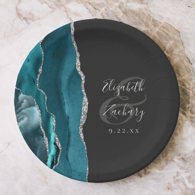 Agate Geode Silver Script Dark Wedding Paper Plate (Creator Uploaded)
