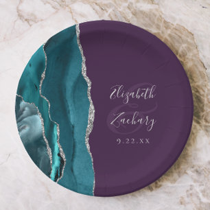 Agate Geode Silver Script Purple Wedding Paper Plate
