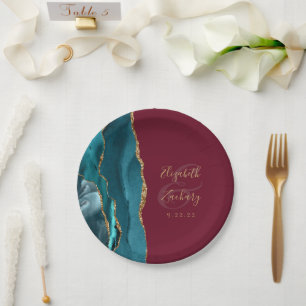 Agate Geode Teal Gold Burgundy Wedding Paper Plate