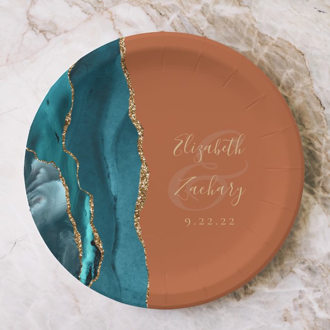Agate Geode Teal Gold Burnt Orange Wedding Paper Plate (Creator Uploaded)