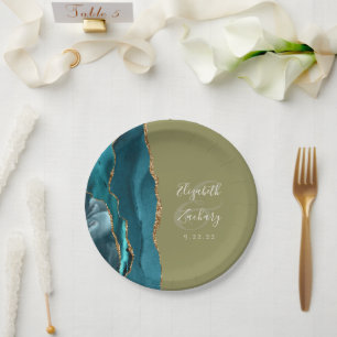 Agate Geode Teal Gold Olive Green Wedding Paper Plate