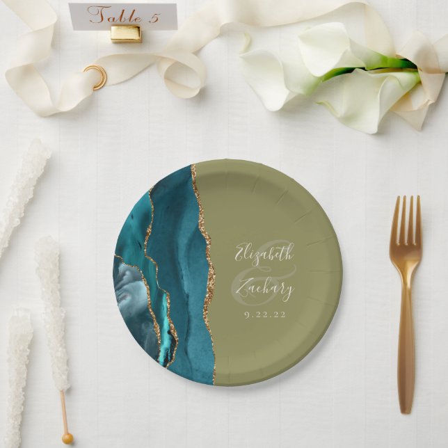 Agate Geode Teal Gold Olive Green Wedding Paper Plate (Wedding)