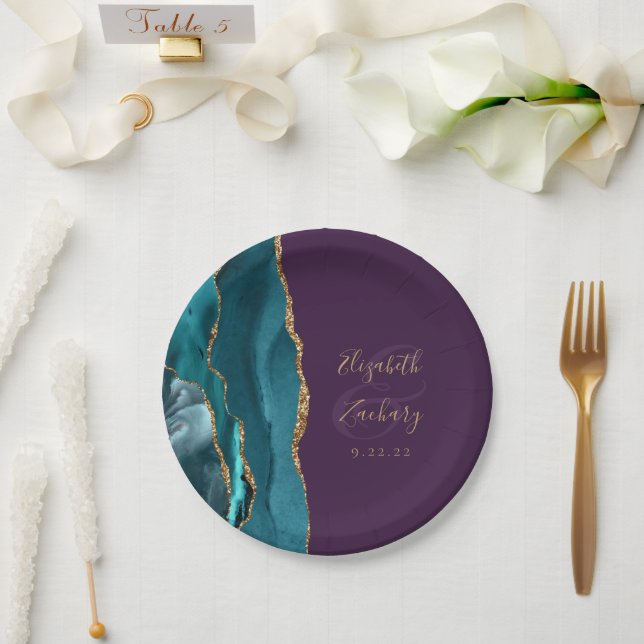Agate Geode Teal Gold Purple Wedding Paper Plate (Wedding)