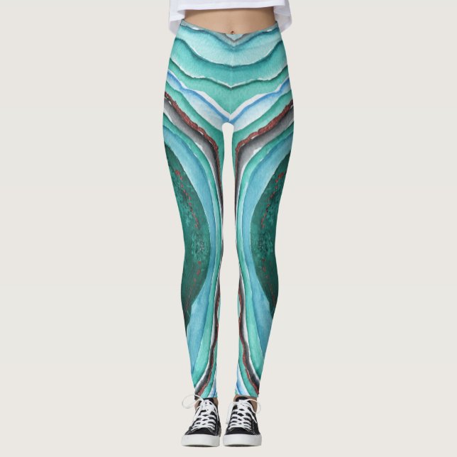 Agate Geode Watercolor Pattern - Blue Green Aqua Leggings (Front)