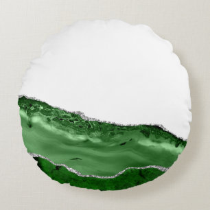 Agate Glamourous Emerald Green Silver Glitter Round Cushion