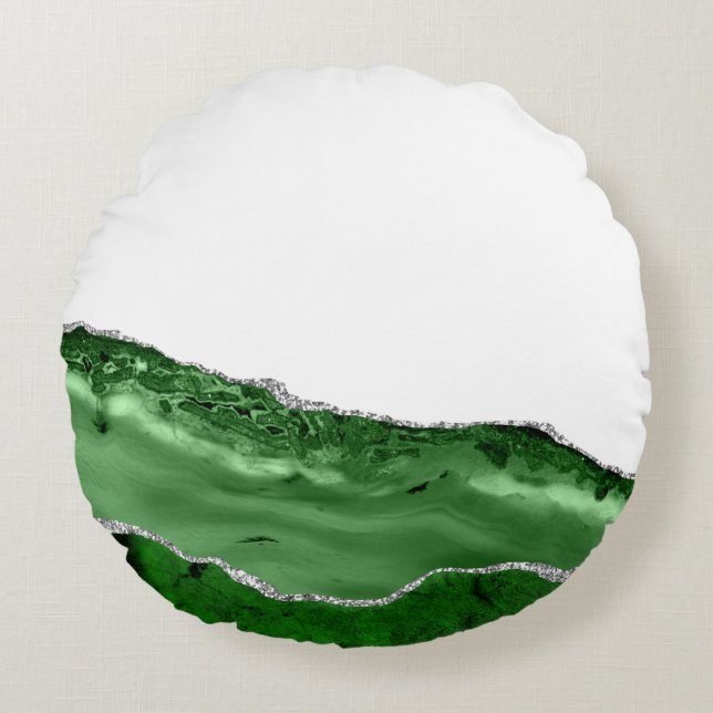 Agate Glamourous Emerald Green Silver Glitter Round Cushion (Front)