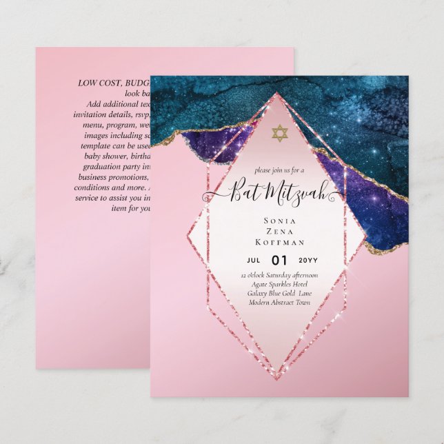 AGATE GLITTER BAT MITZVAH Invitations BUDGET (Front/Back)
