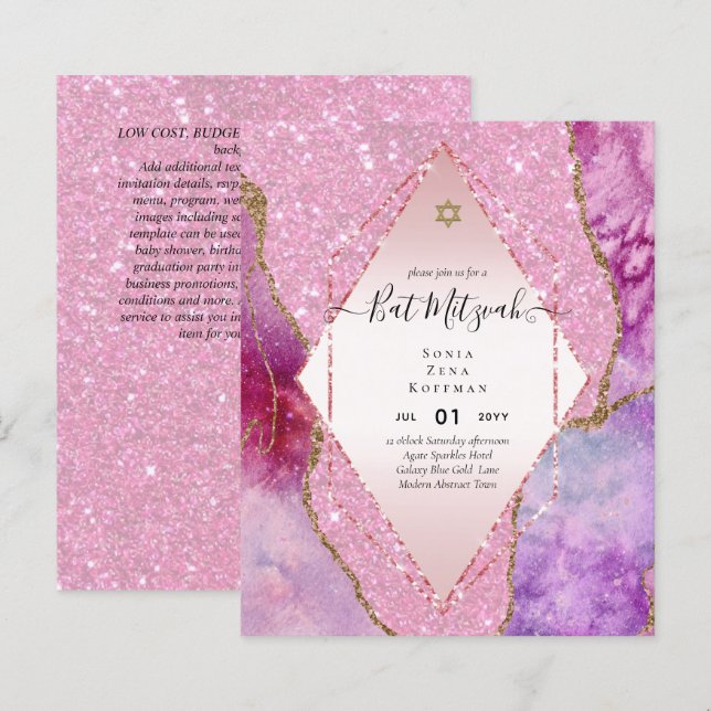 AGATE GLITTER BAT MITZVAH Invitations BUDGET (Front/Back)
