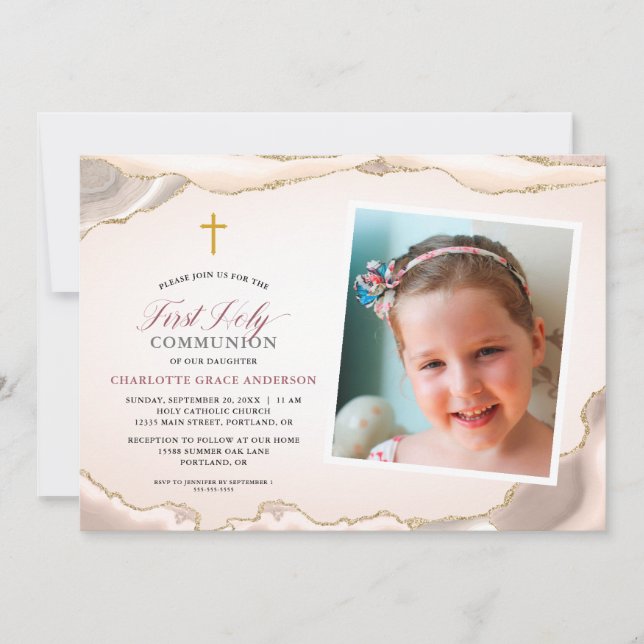 Agate Gold Glitter Photo Girl First Communion Invitation (Front)
