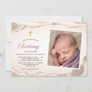Agate Gold Glitter Script Photo Girl Christening Invitation