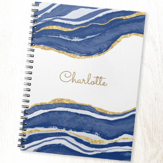 Agate Gold Glitter Watercolor Personalised Blue Notebook