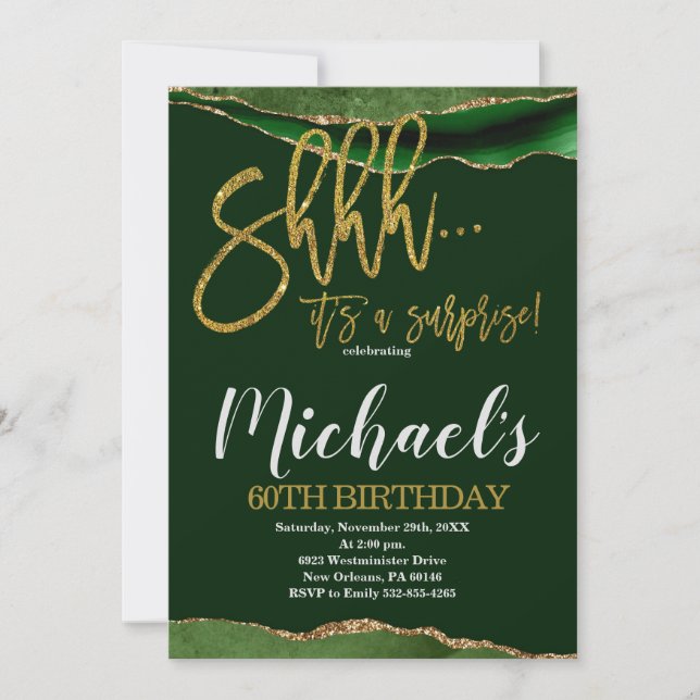 Agate Gold & Green Surprise Birthday Party Invitation (Front)