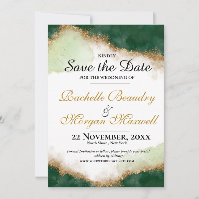 Agate Gold & Green Wedding Save the Date Card  (Front)