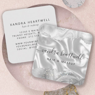 Agate Gray Silver Glitter Luxury Rounded Corners Square Business Card