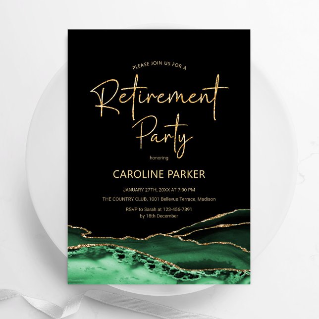 Agate Green Black Gold Retirement Party Invitation (Creator Uploaded)