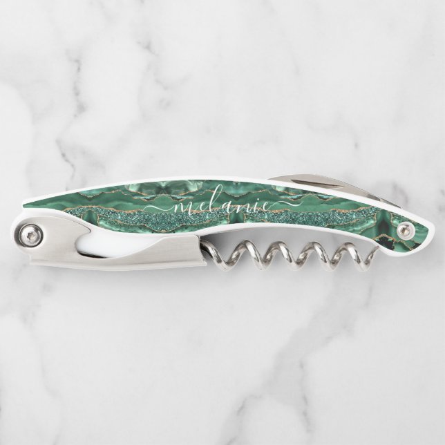 Agate Green Gold Custom Name Waiter's Corkscrew (Front)