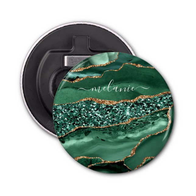 Agate Green Gold Emerald Custom Name Bottle Opener (Front)