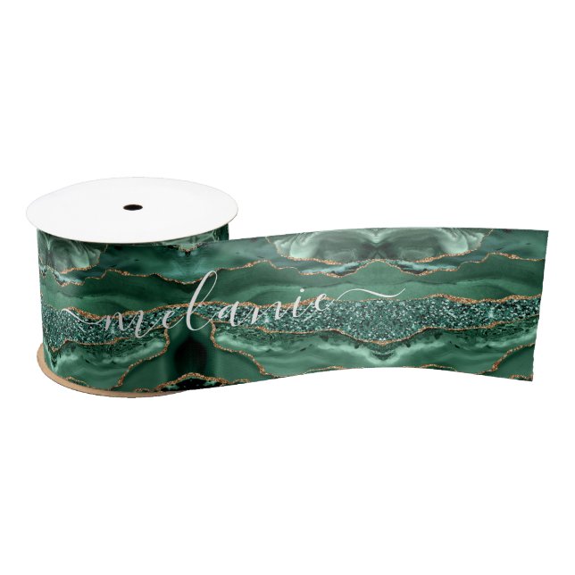 Agate Green Gold Emerald Custom Name Gift Ribbon Satin Ribbon (Spool)