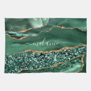 Agate Green Gold Emerald Custom Name Kitchen Towel