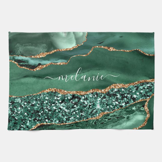 Agate Green Gold Emerald Custom Name Kitchen Towel (Horizontal)