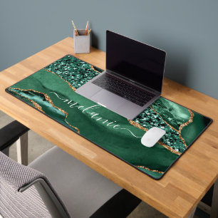 Agate Green Gold Glitter Custom Name Letter Desk Mat
