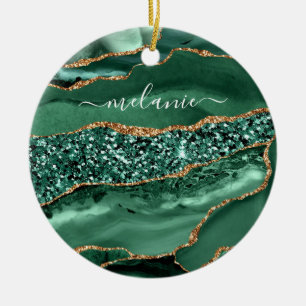 Agate Green Gold Glitter Emerald Custom Name Ceramic Tree Decoration