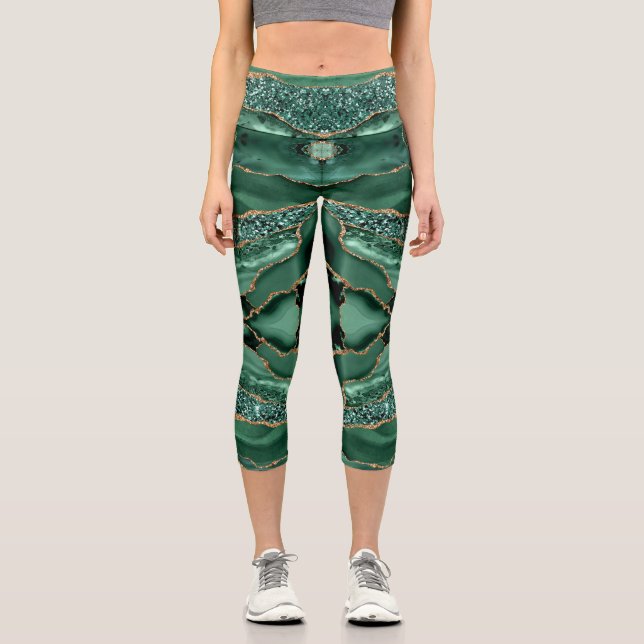 Agate Green Gold Glitter Emerald Glitter Leggings (Front)