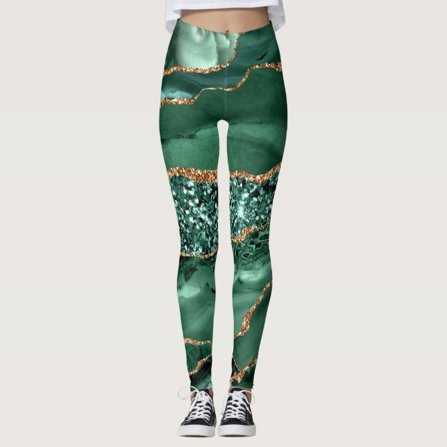 Agate Green Gold Glitter Emerald Leggings (Front)