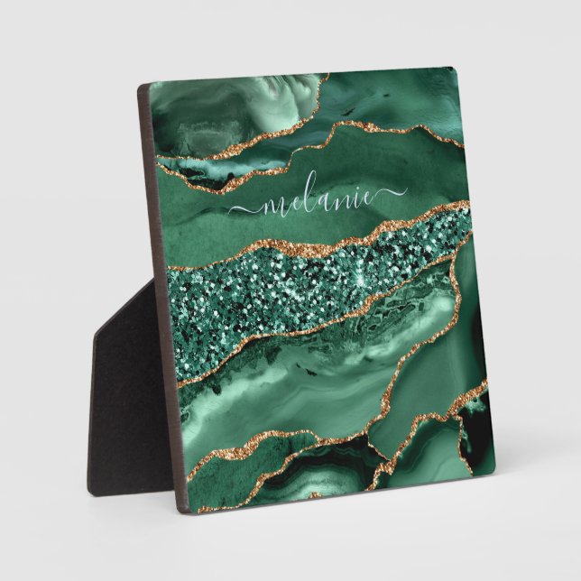 Agate Green Gold Glitter Geode Custom Name Plaque (Front)