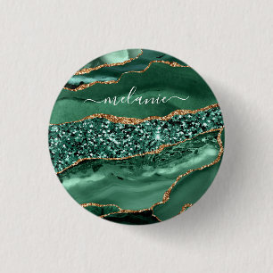 Agate Green Gold Glitter Geode Marble Custom Name 3 Cm Round Badge
