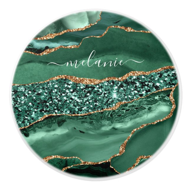 Agate Green Gold Glitter Geode Marble Custom Name  Ceramic Knob (Front)