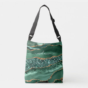 Agate Green Gold Glitter Geode Marble Custom Name Crossbody Bag