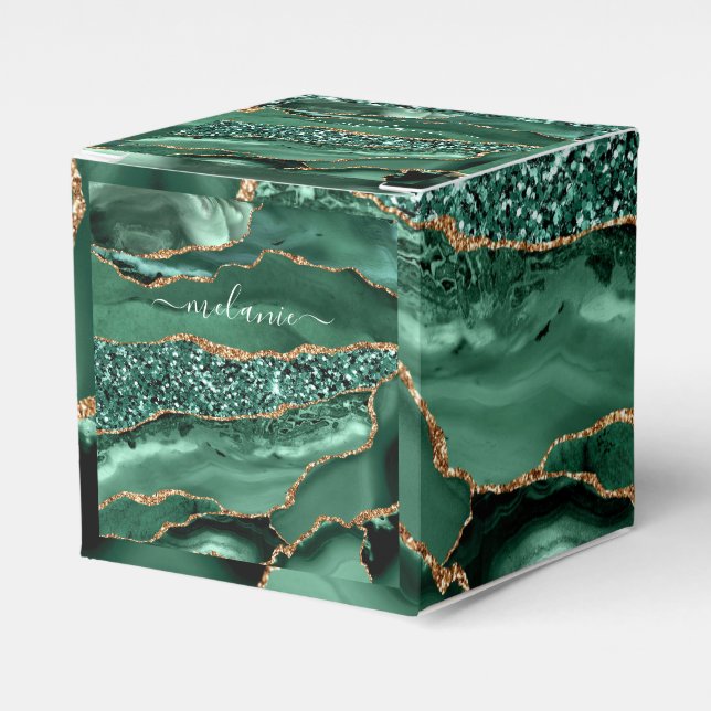 Agate Green Gold Glitter Geode Marble Custom Name Favour Box (Front Side)